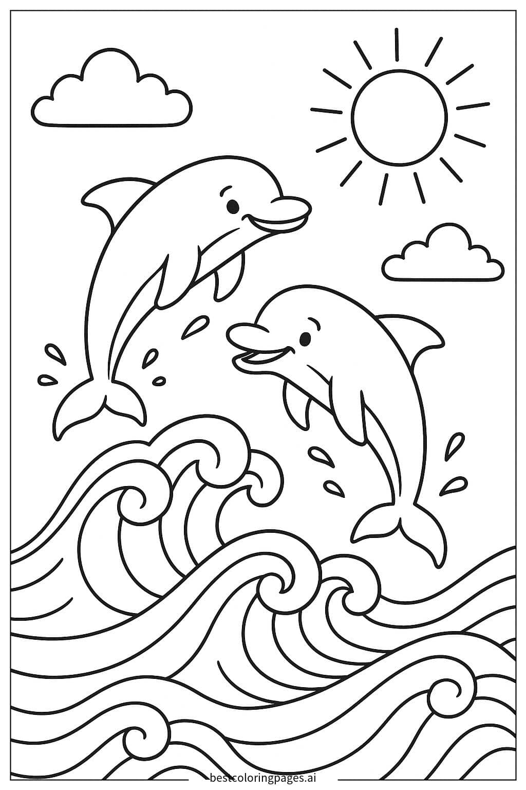 Two Dolphins Jumping Over Waves Coloring Page