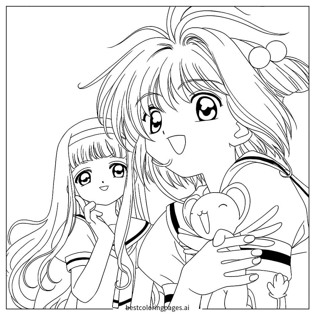 Gambar Mewarnai Dua Gadis Tersenyum dari Cardcaptor Sakura