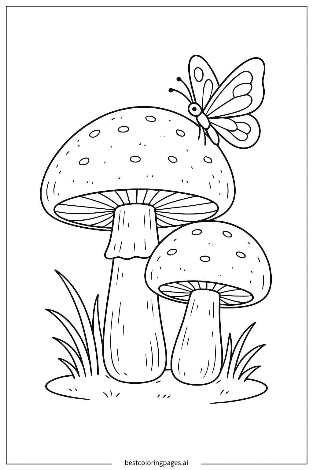 Charming Mushrooms with a Graceful Butterfly Coloring Page