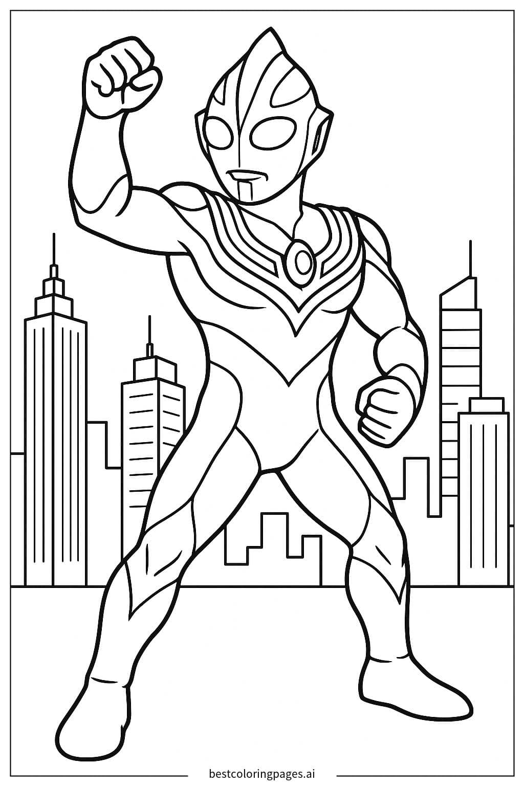 ภาพระบายสี อุลตร้าแมนทีก้ากับเส้นขอบฟ้าเมือง