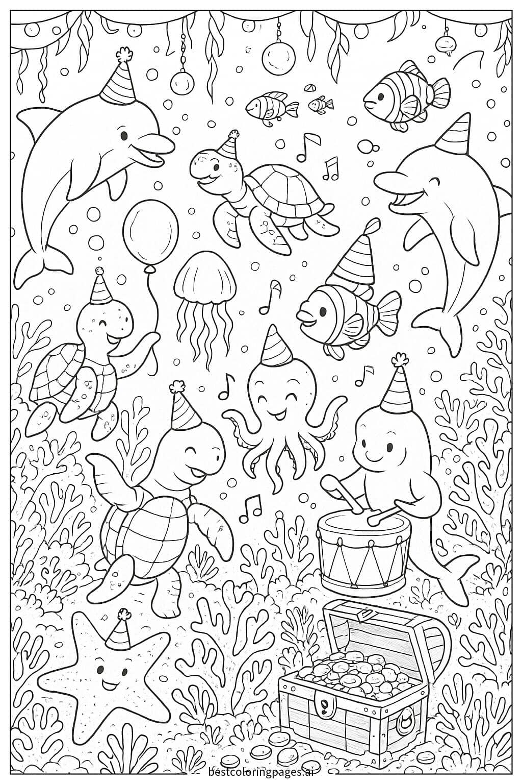 Underwater Celebration with Sea Creatures Coloring Page