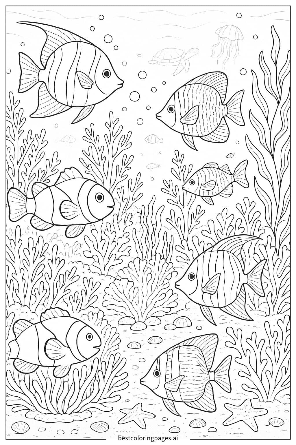 Underwater World with Various Fish Coloring Page