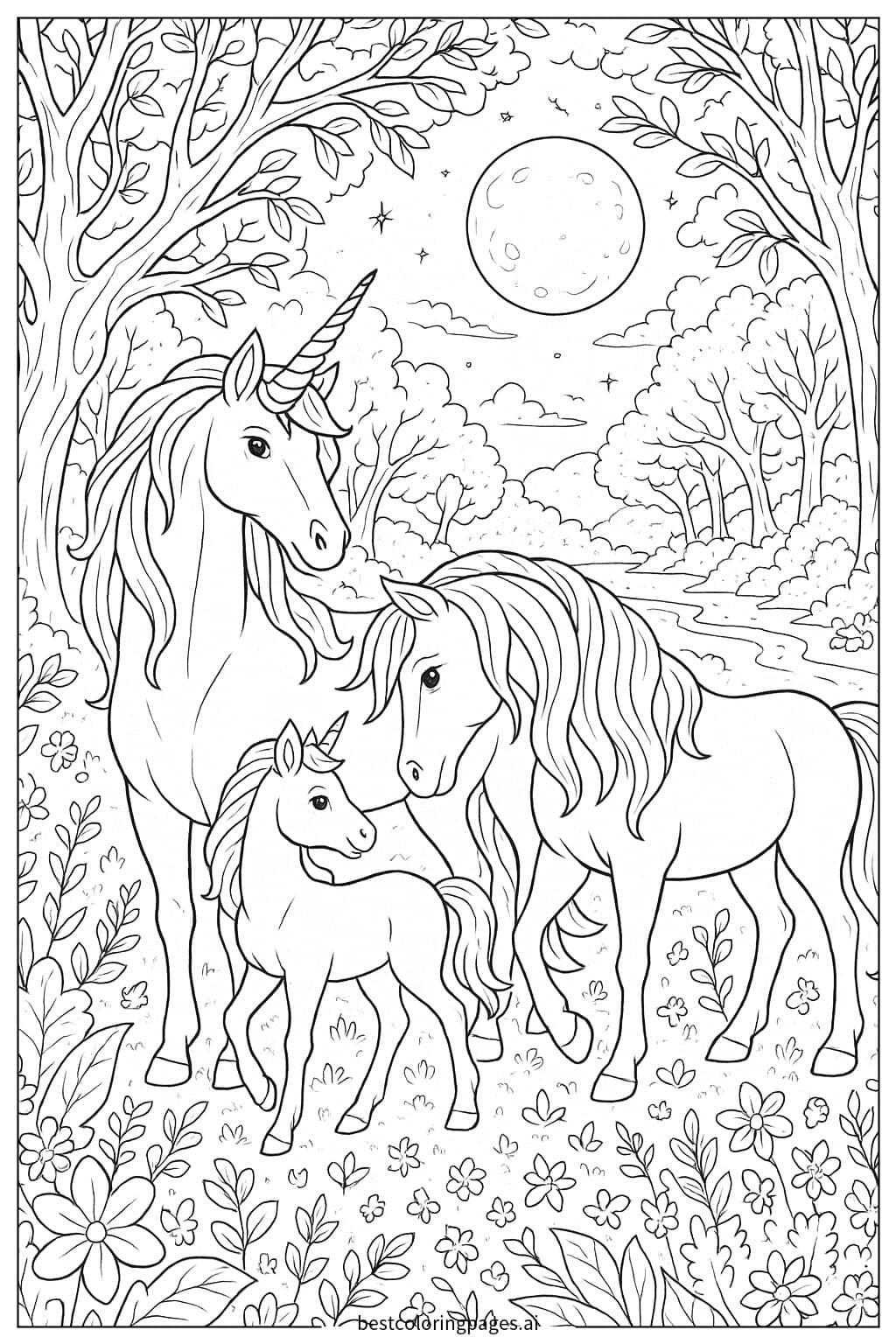 Unicorn Family in an Enchanted Forest Coloring Page