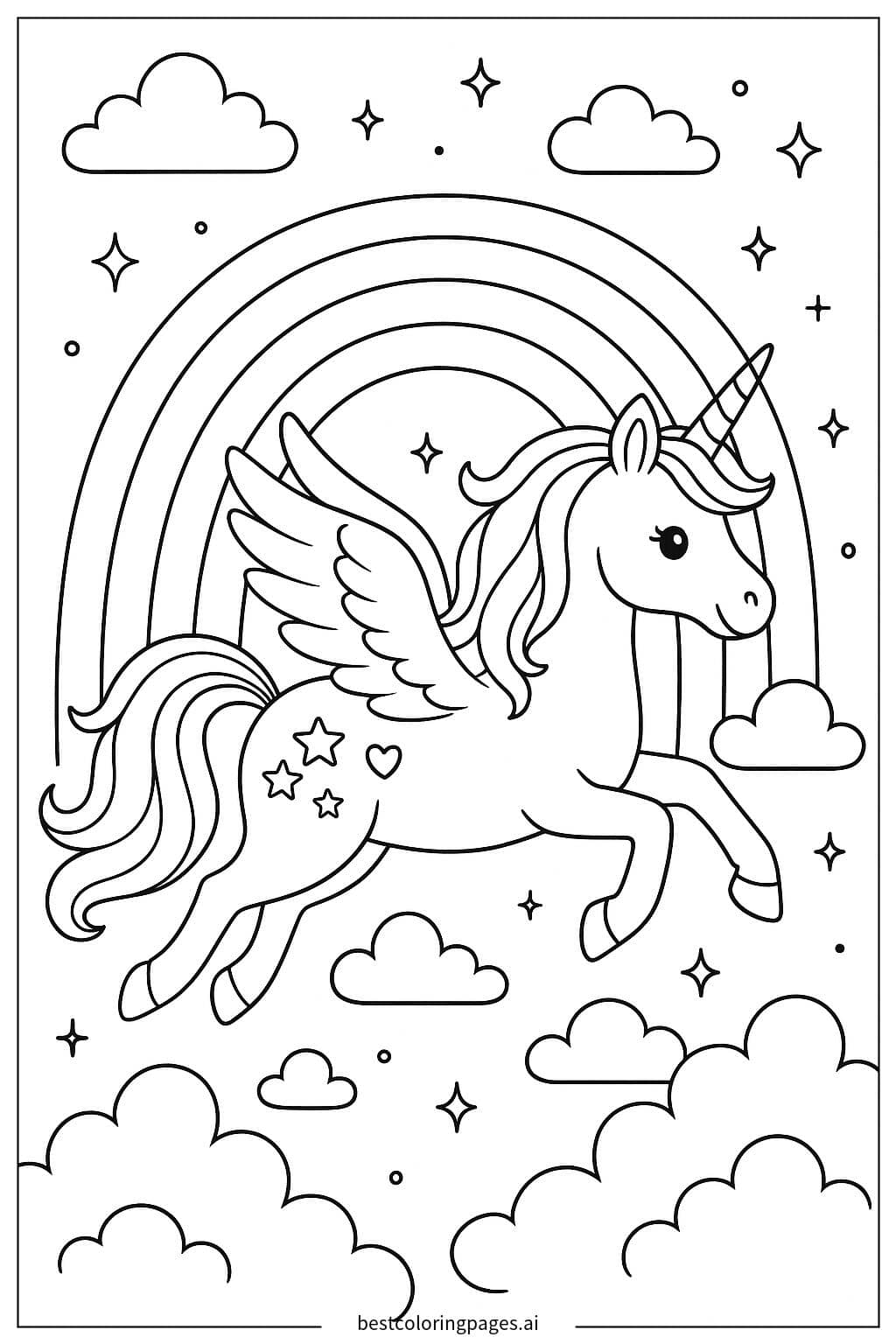 Magical Unicorn Flying Through a Colorful Rainbow Arch Coloring Page