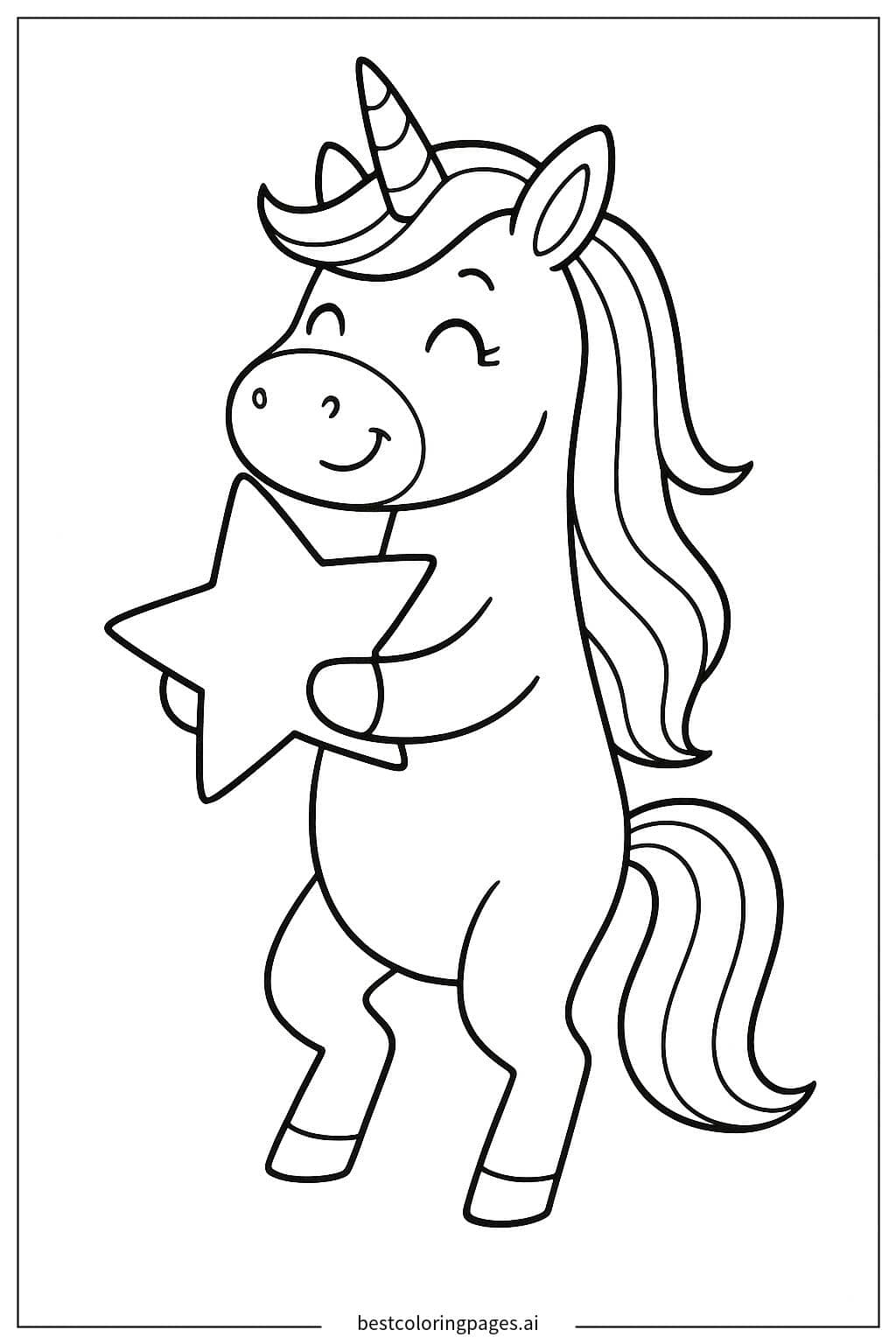 Magical Unicorn Holding a Shining Star Coloring Page