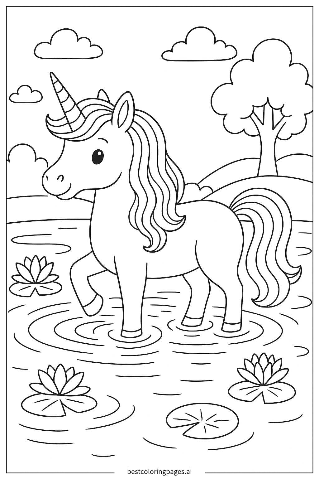 Unicorn Playing in a Glitter Pond Coloring Page