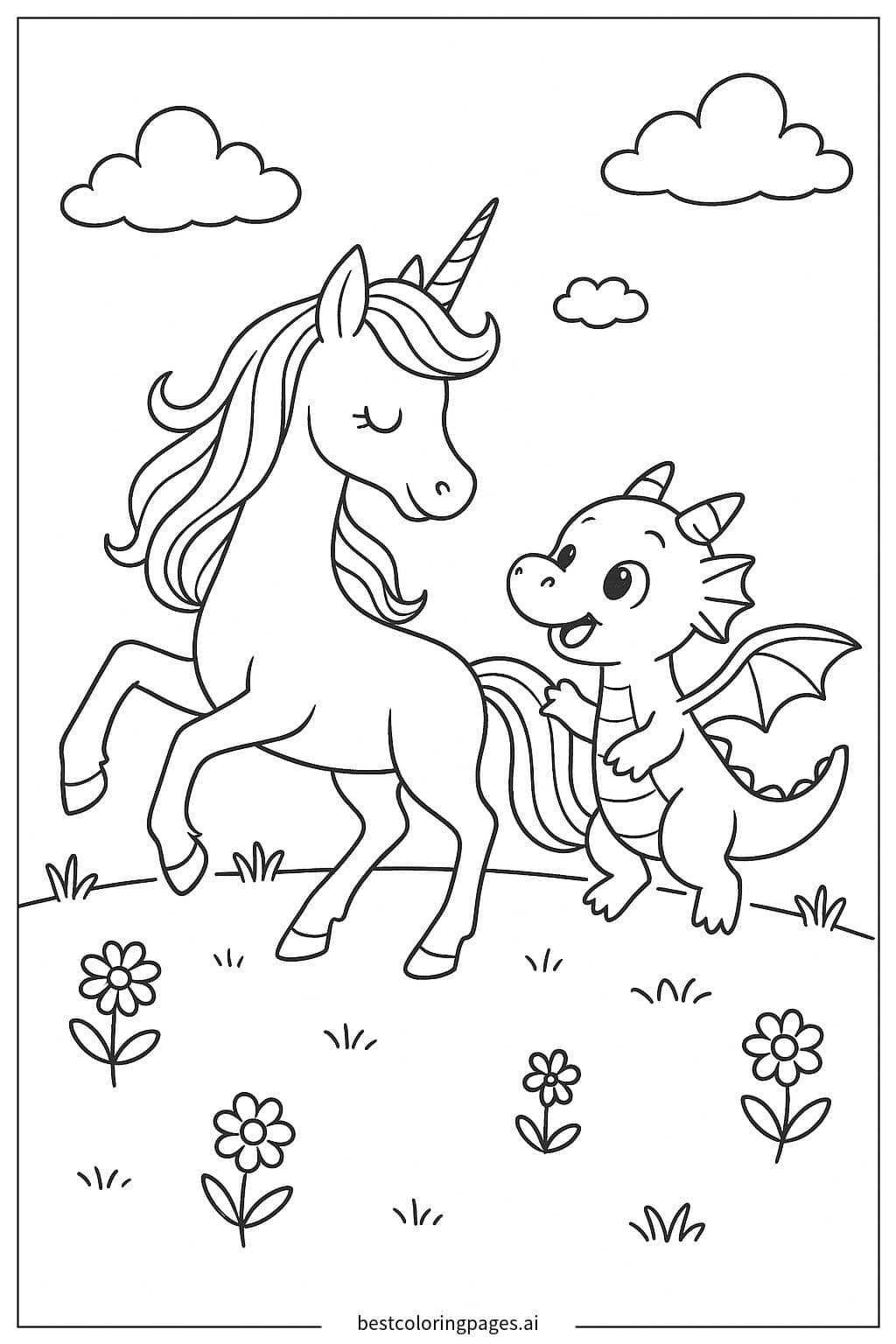 Unicorn and Baby Dragon Playtime Coloring Page