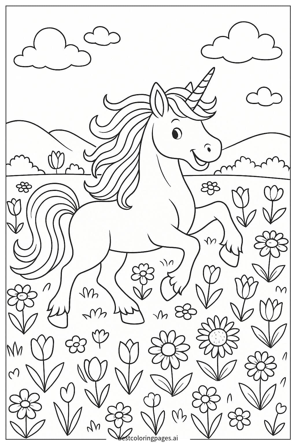 Unicorn Dancing in a Flower Field Coloring Page