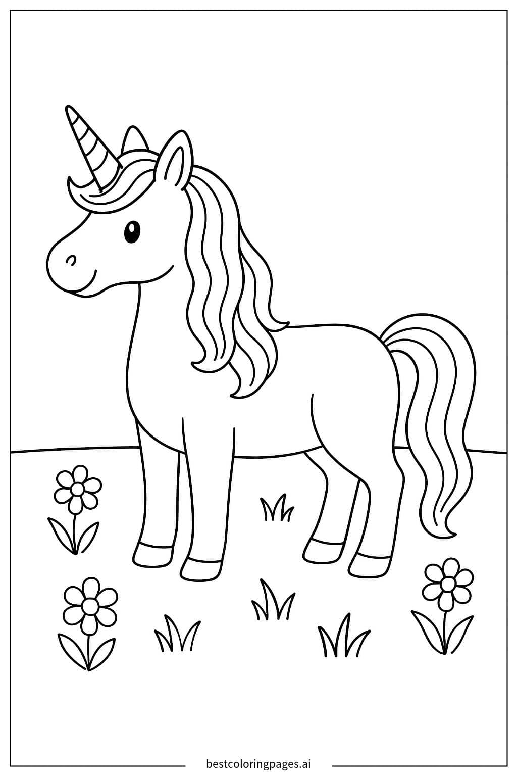 Majestic Unicorn in a Flower Meadow Coloring Page