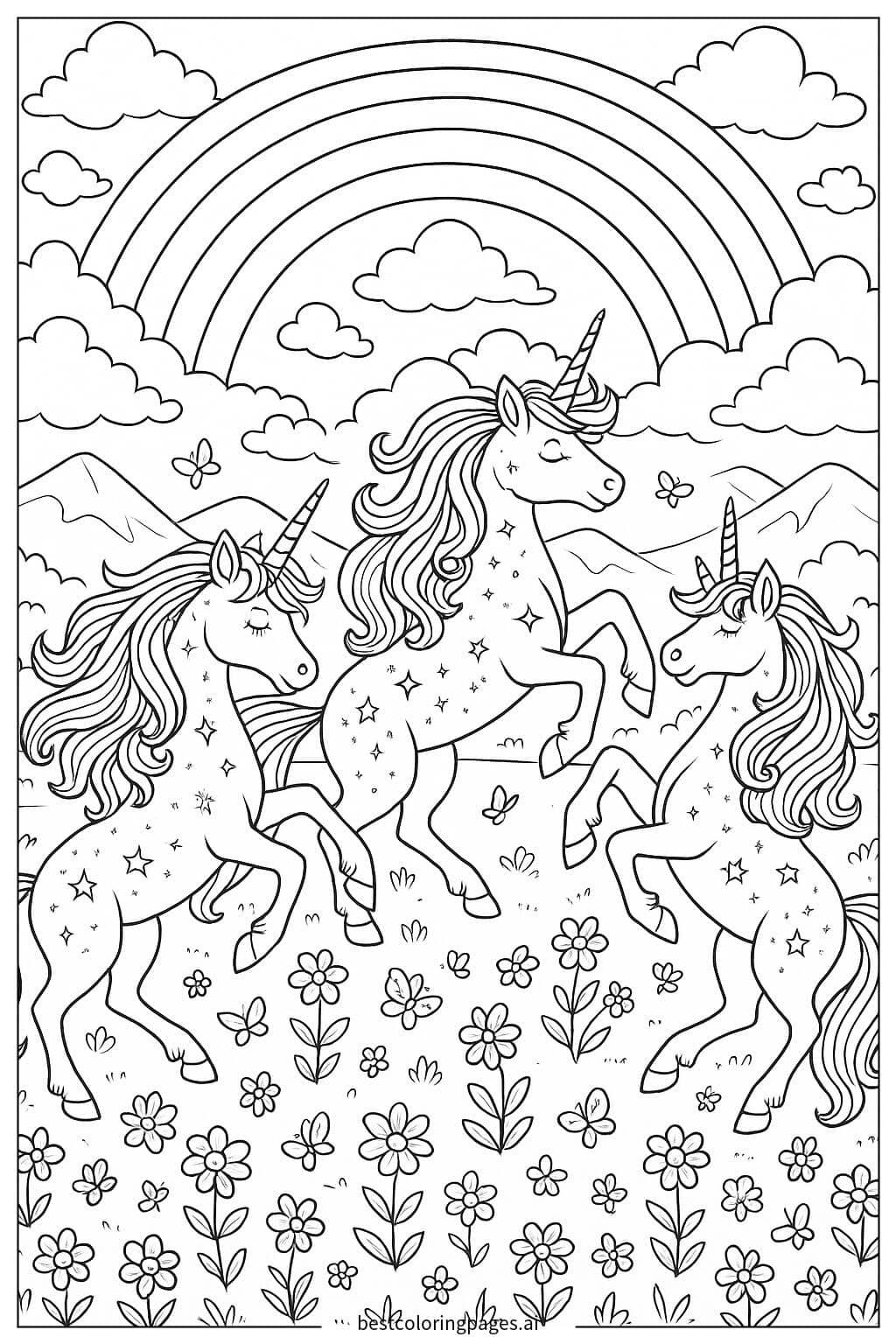 Unicorns Dancing Under a Rainbow Coloring Page