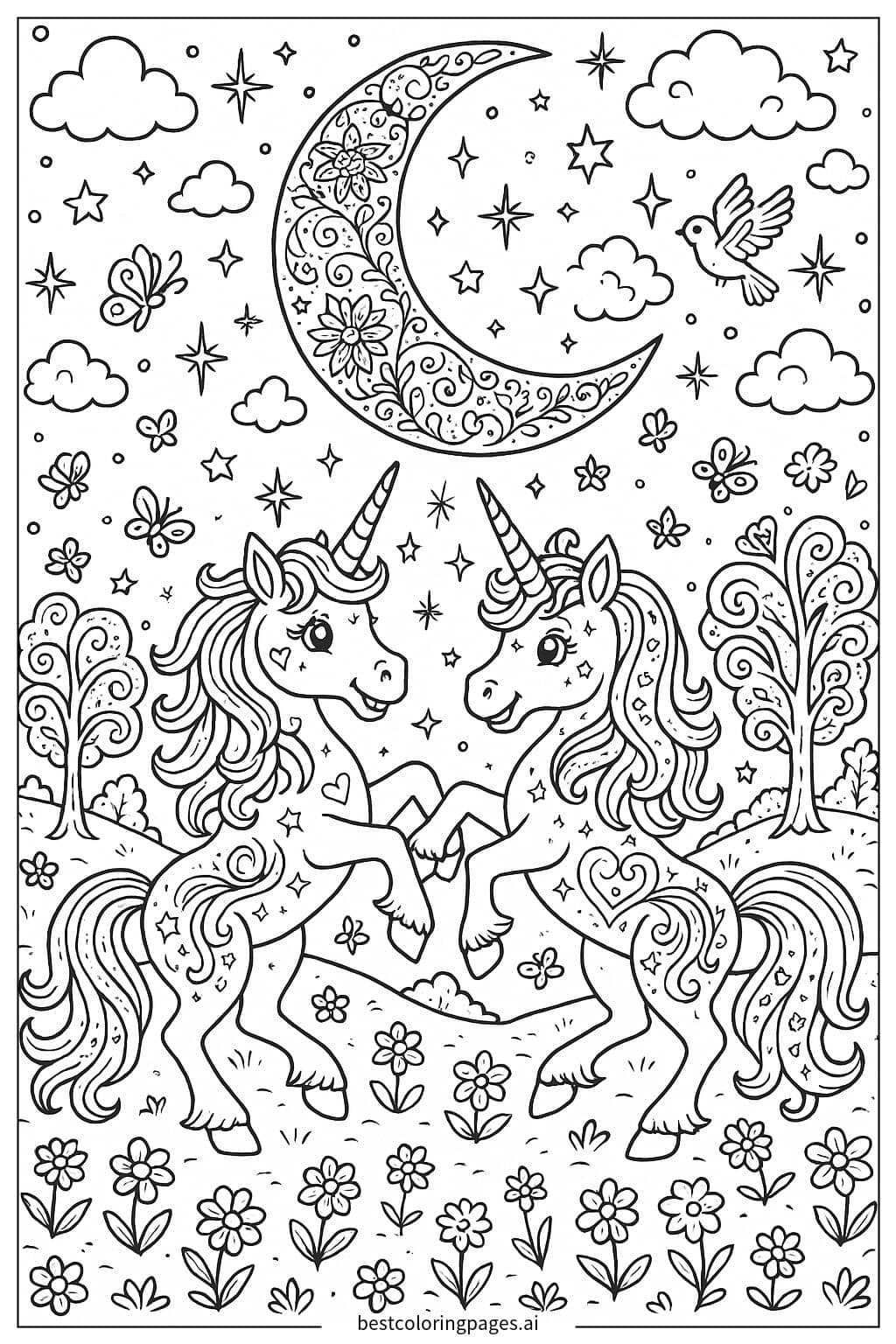 Unicorns Dancing Under a Sparkling Moon Coloring Page
