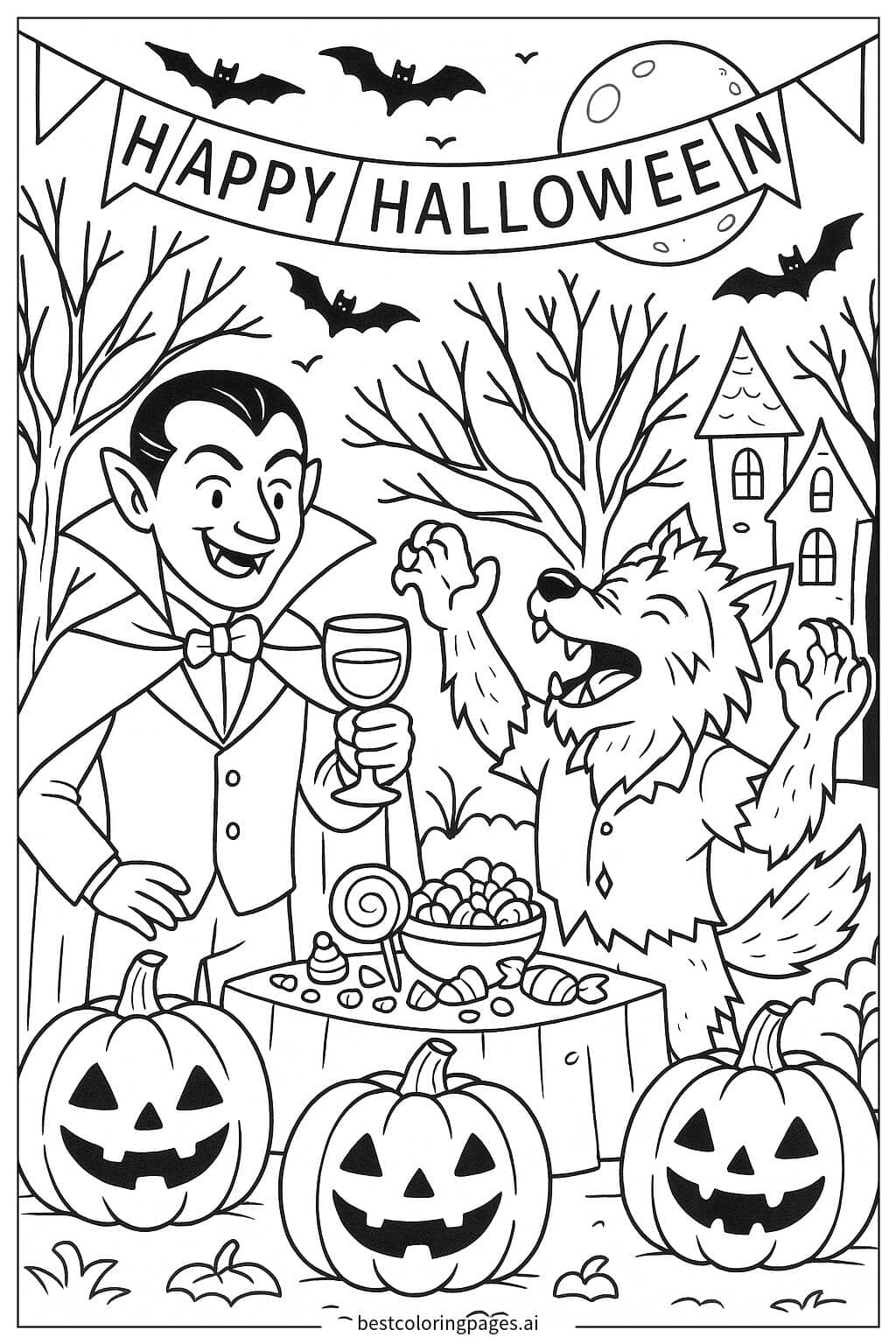 Vampir und Werwolf feiern eine Party Ausmalbilder