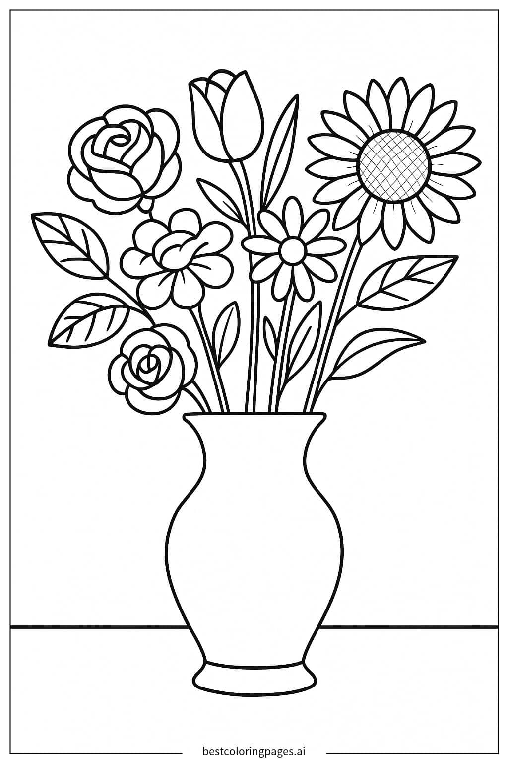 Beautiful Vase with Mixed Flowers Coloring Page