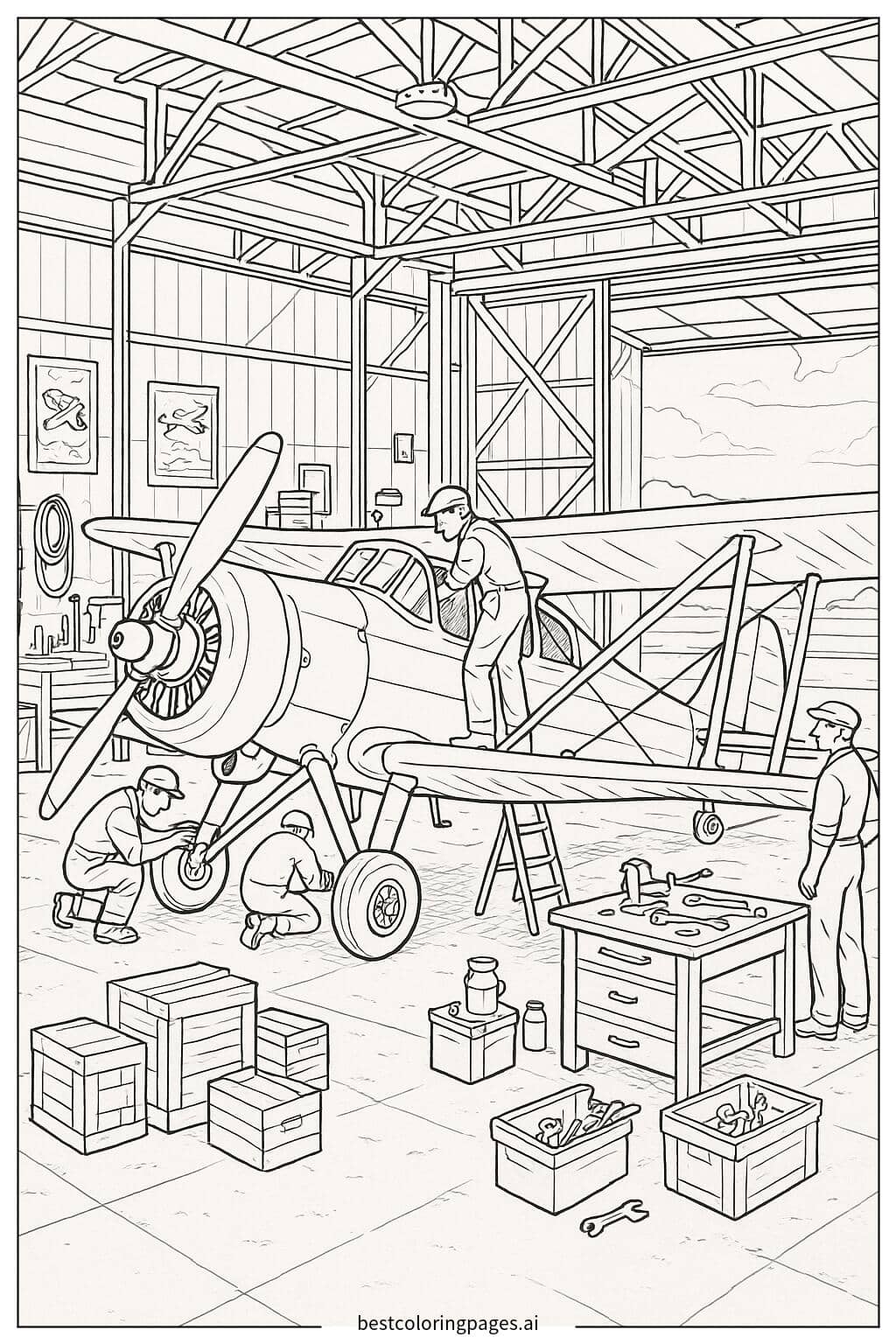 Desenhos de Avião Vintage em um Hangar para Colorir