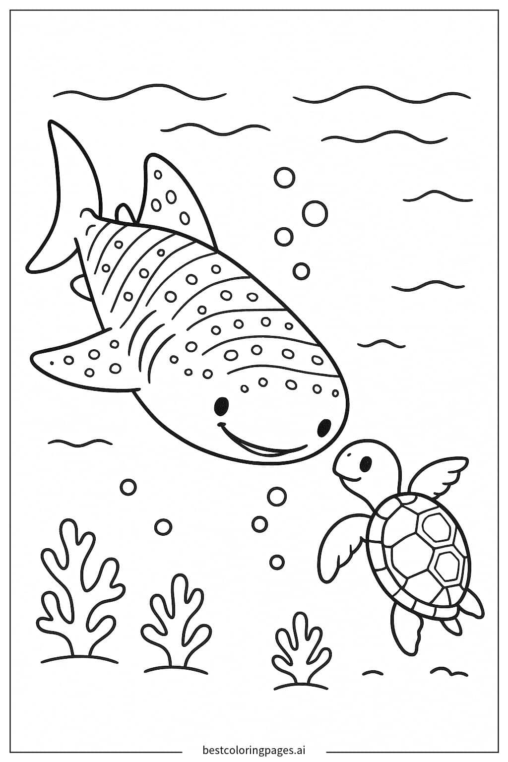 Whale Shark and Sea Turtle Encounter Coloring Page