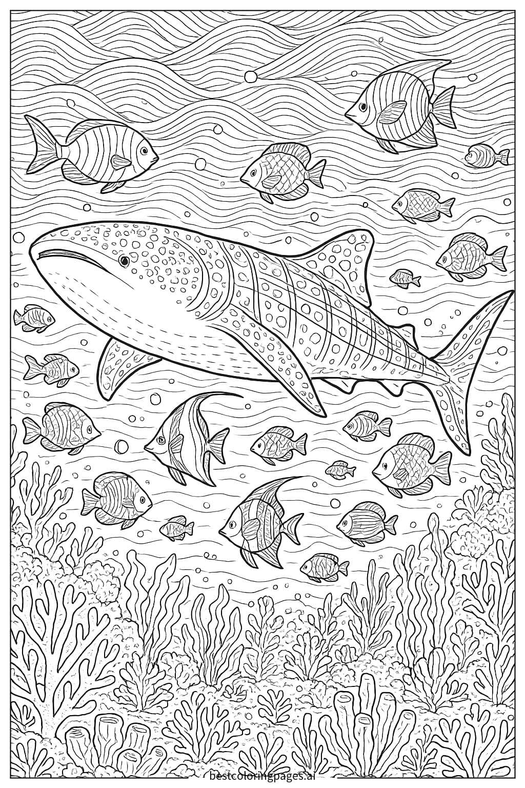 Whale Shark Dancing with Tropical Fish Coloring Page
