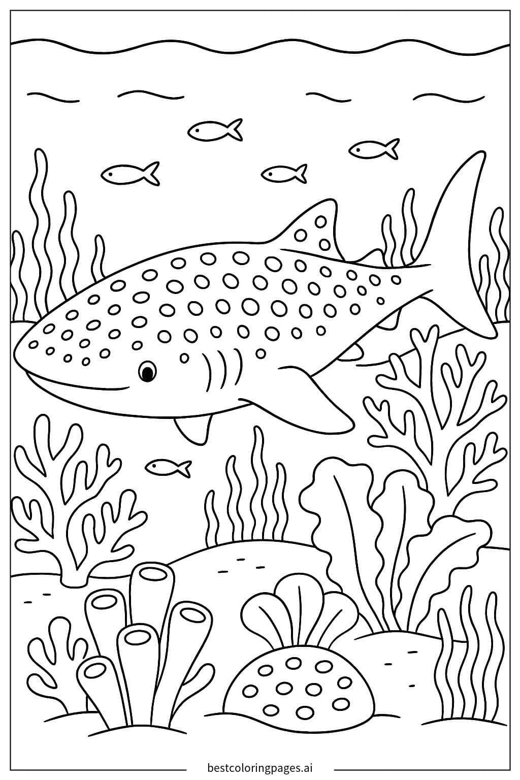 Whale Shark Swimming Through Coral Reef Coloring Page