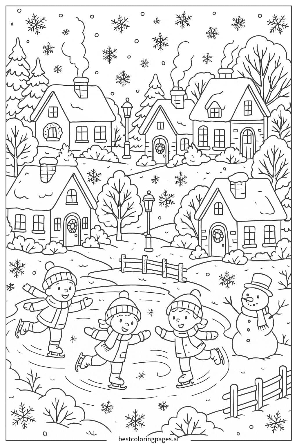 Winter Village with Glowing Lights Coloring Page