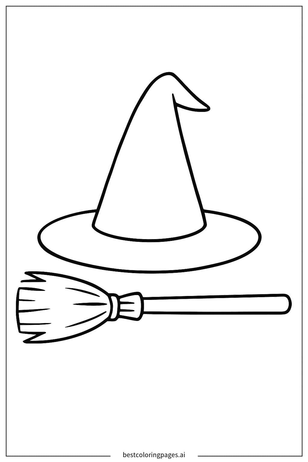 Witch Hat and Broomstick Coloring Page