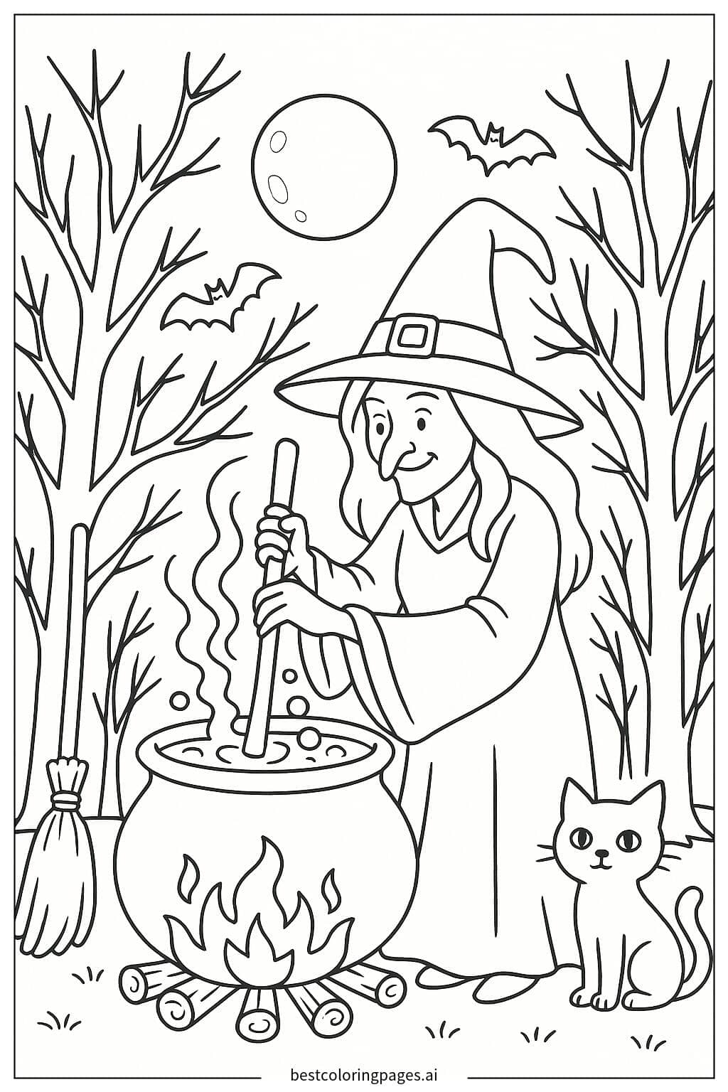 Witch Mixing a Potion in a Cauldron Coloring Page