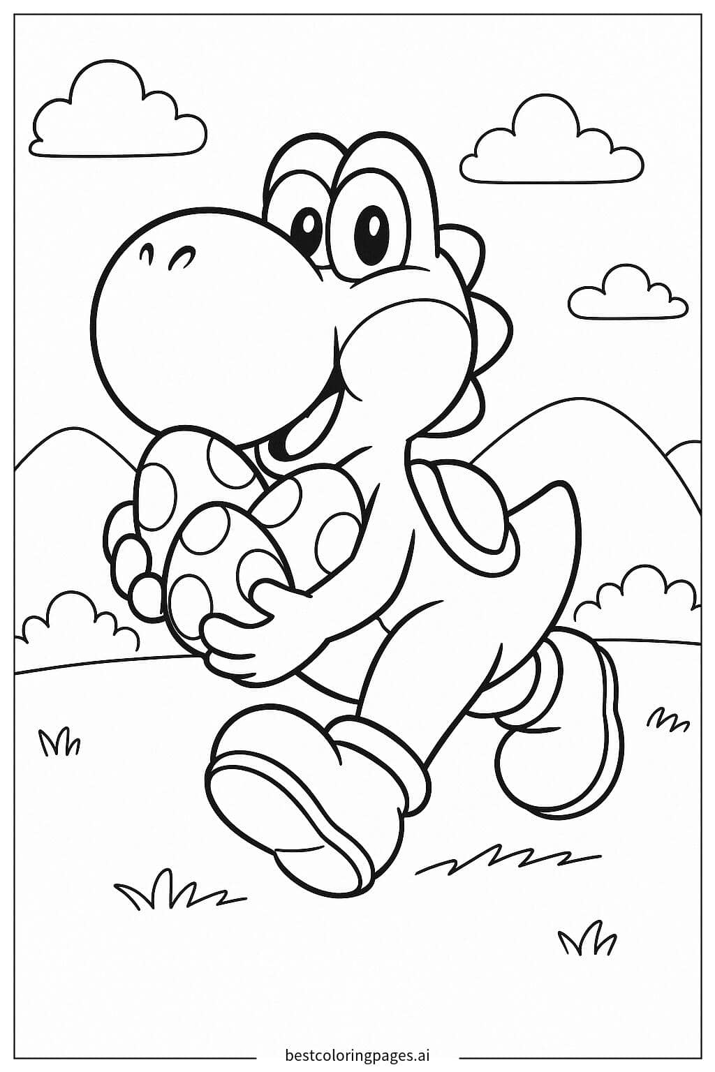 Yoshi Running with a Group of Eggs Coloring Page