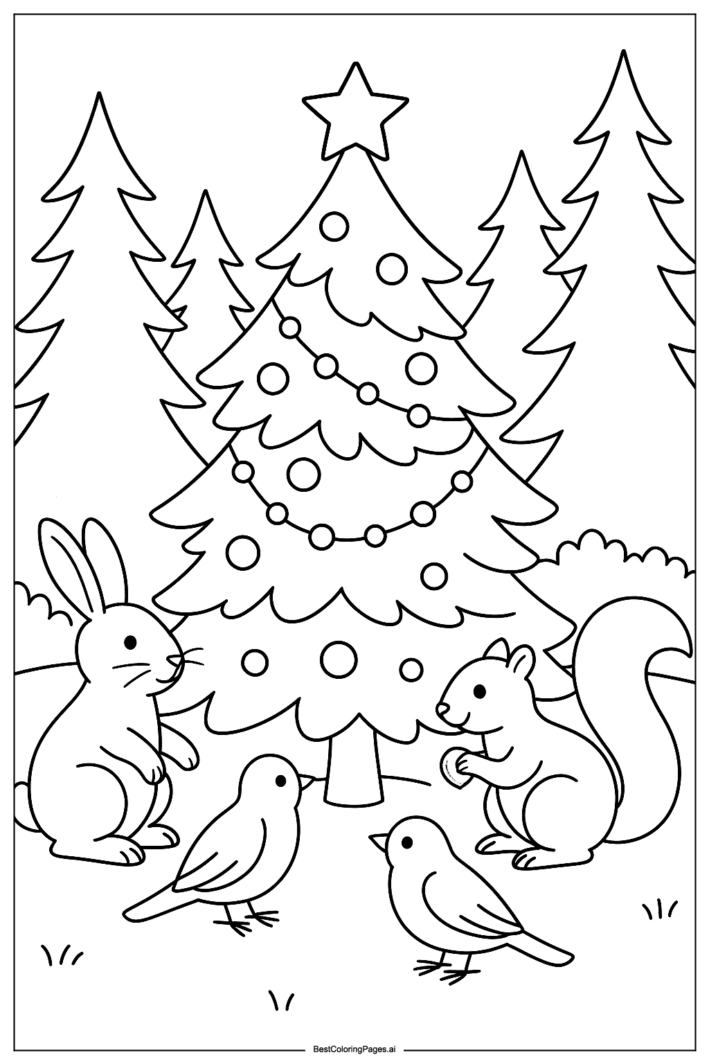 Animals near Christmas tree Coloring Page