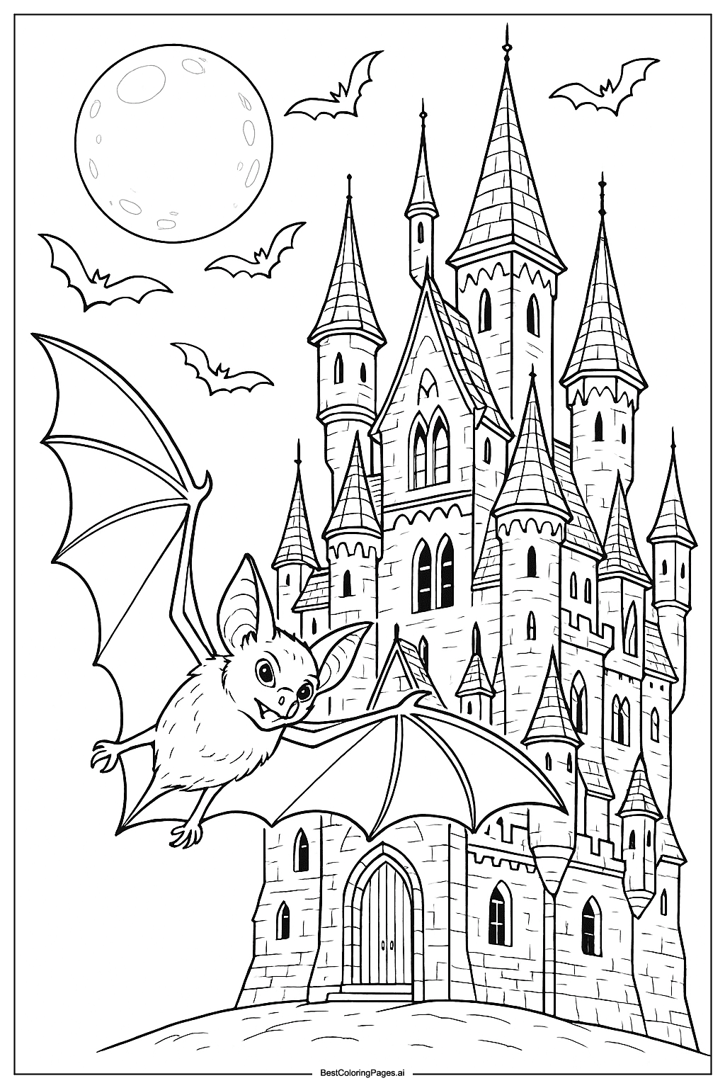 Bat and haunted castle Coloring Page