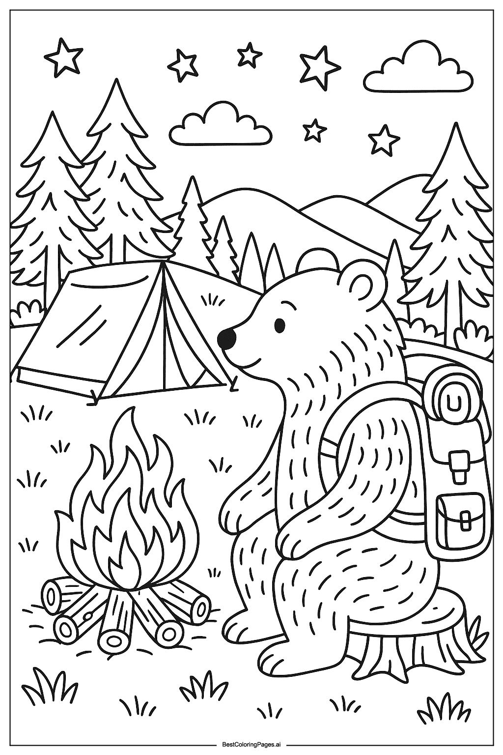 Bear camping at night Coloring Page