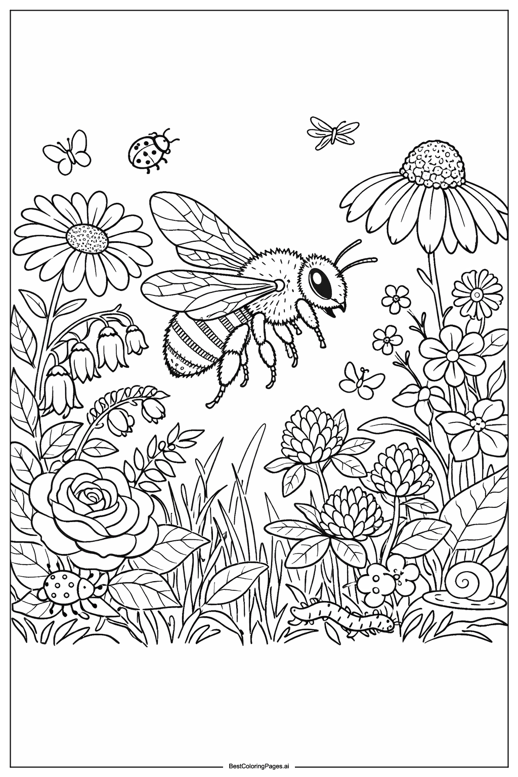 Bee in garden Coloring Page