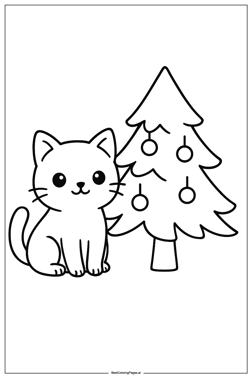 Cat beside Christmas tree Coloring Page