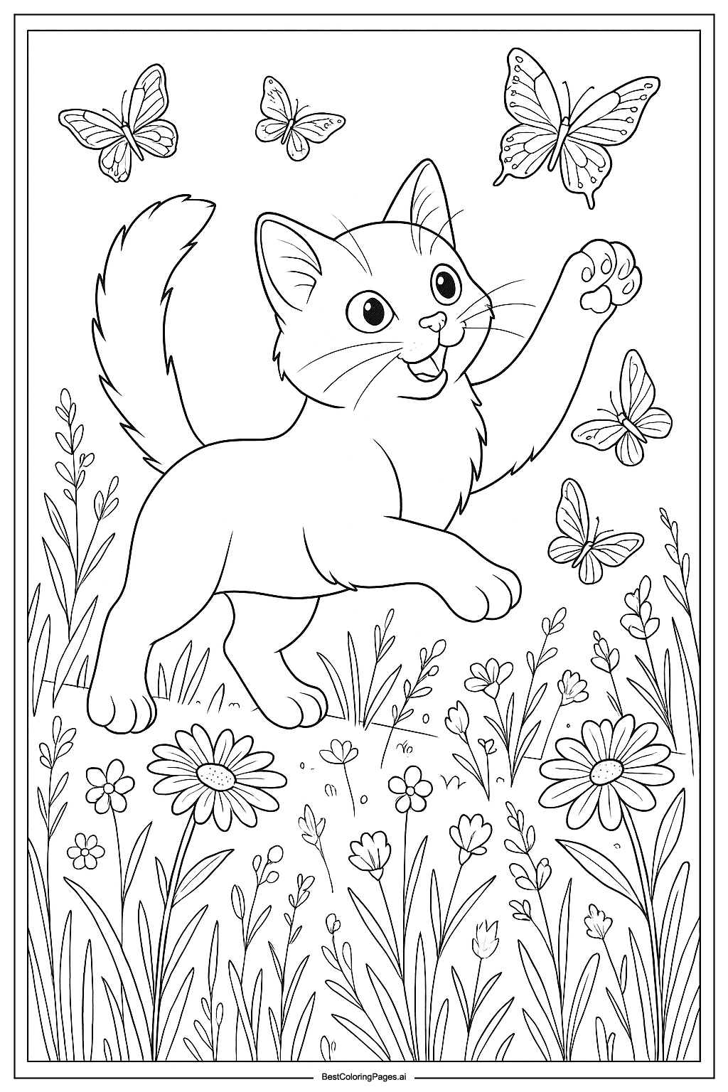 Cat chasing butterflies Coloring Page