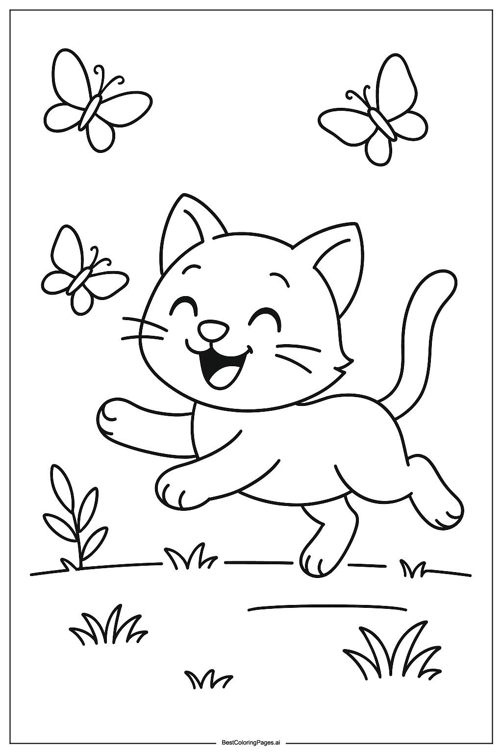 Cat chasing butterflies Coloring Page