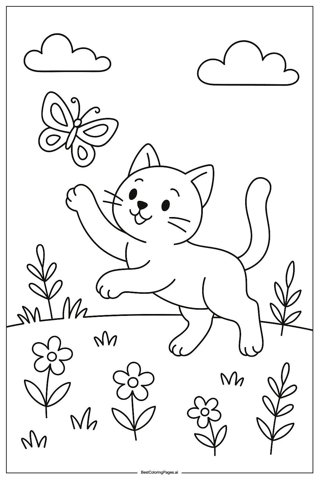 Cat chasing butterfly Coloring Page