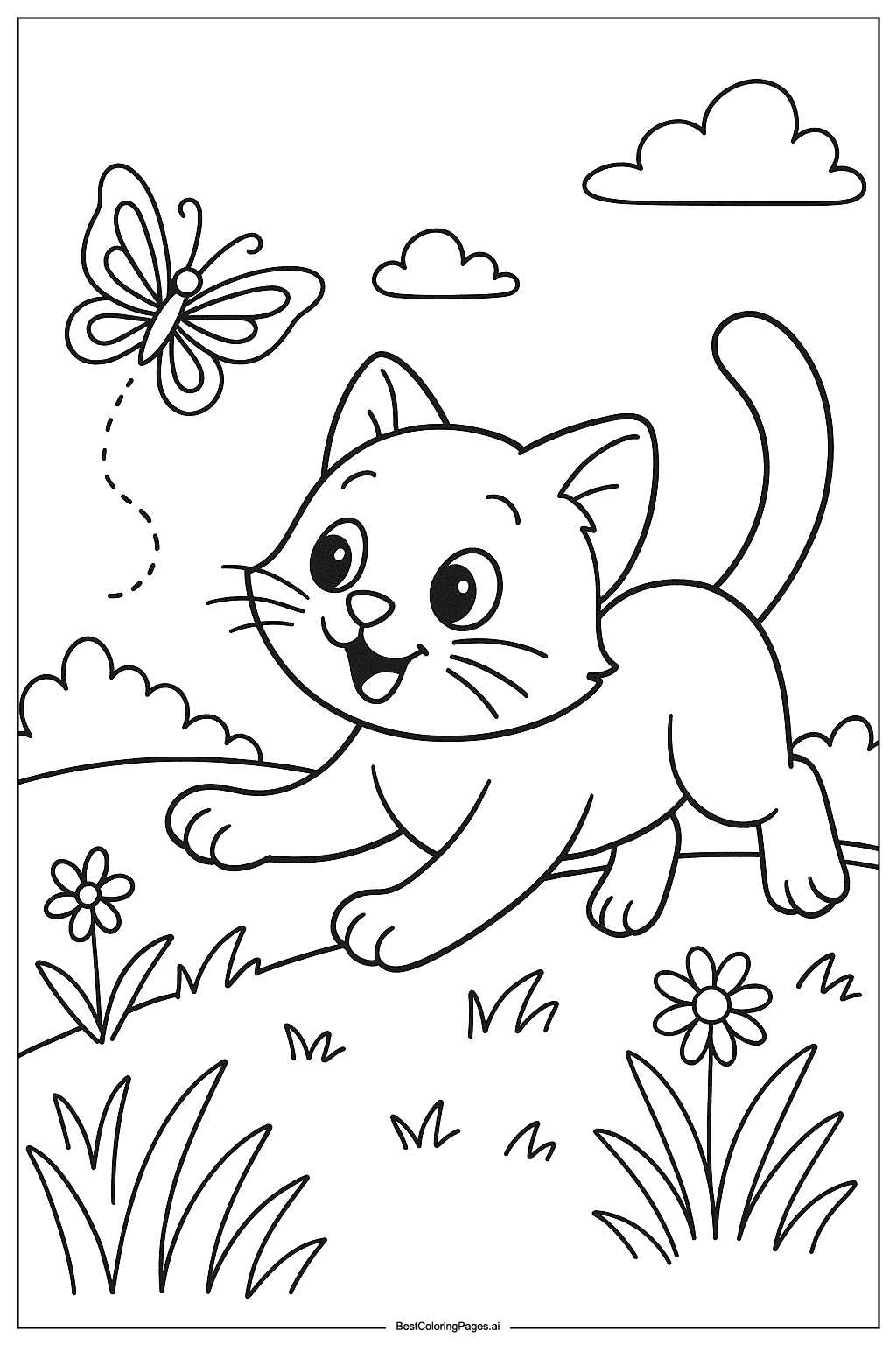 Cat chasing butterfly Coloring Page