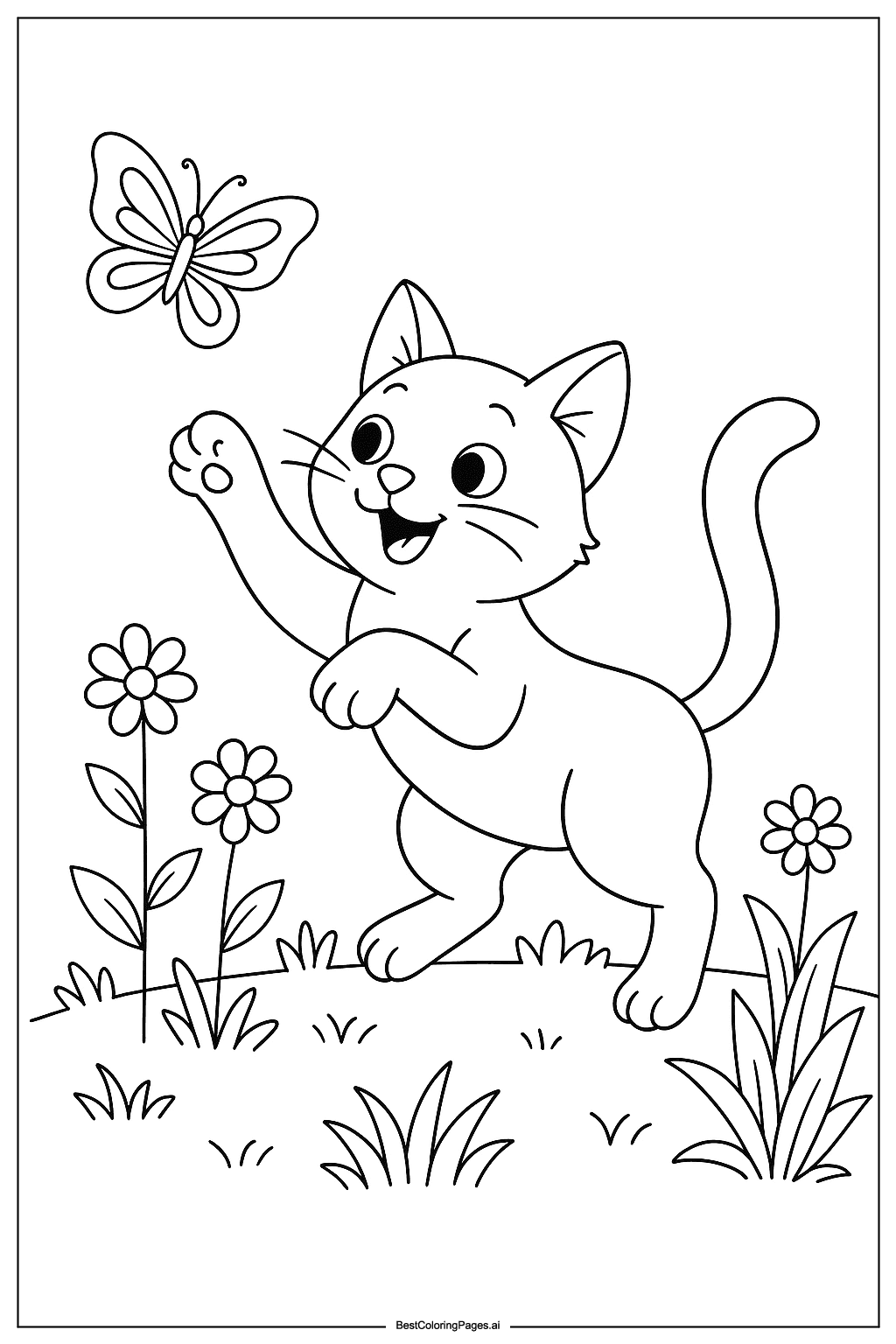 Cat chasing butterfly Coloring Page