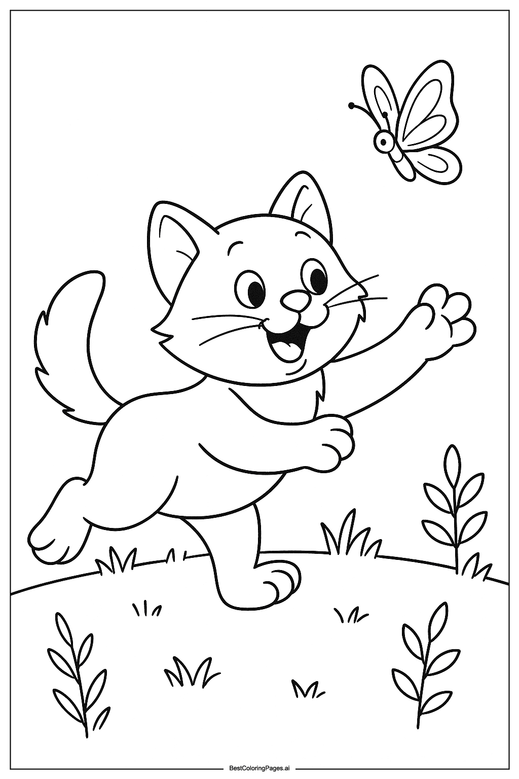 Cat chasing butterfly Coloring Page