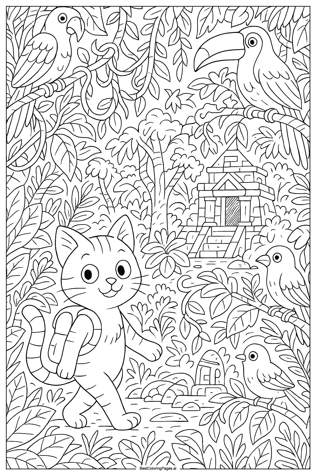 Cat exploring jungle Coloring Page