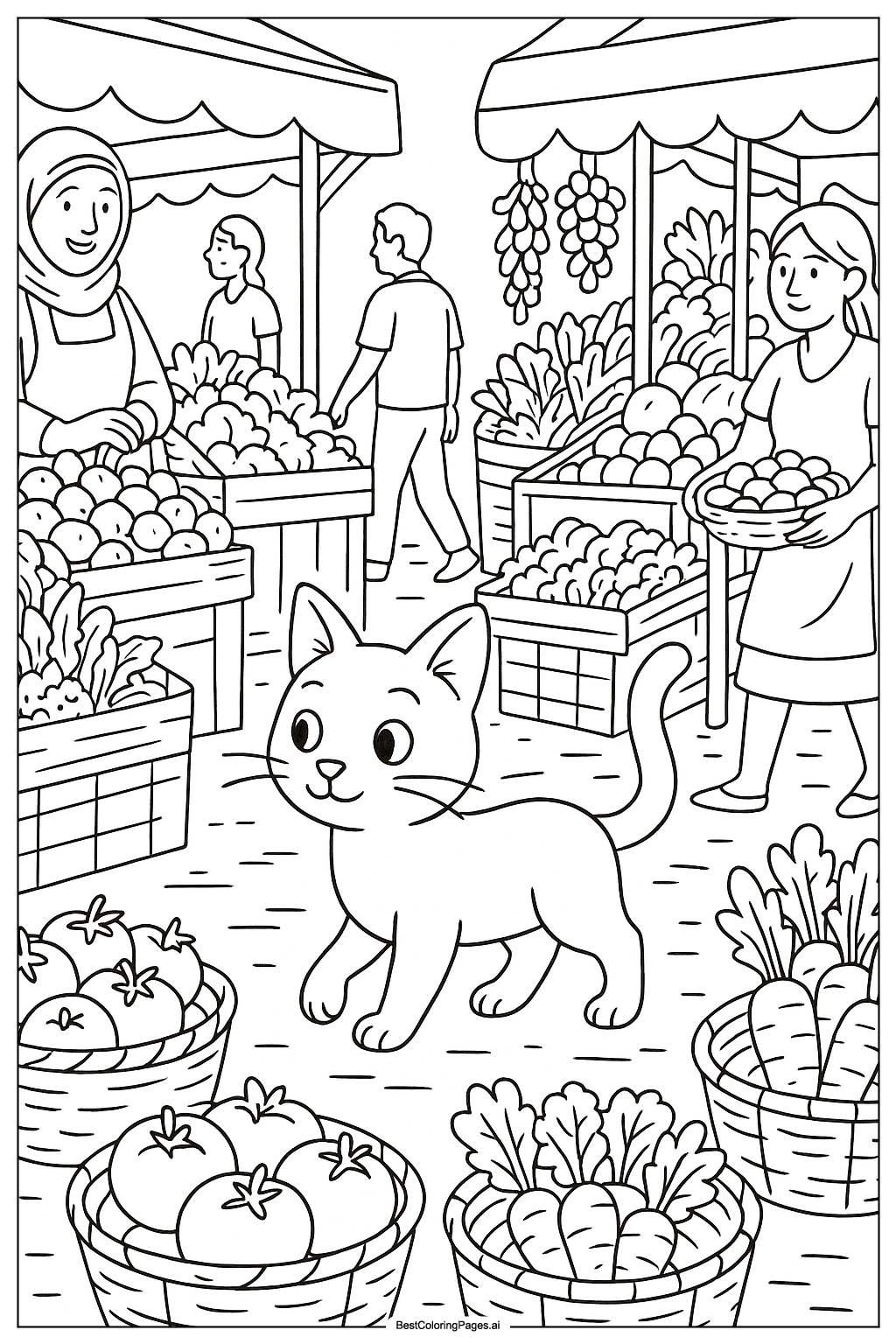 Cat in a busy marketplace Coloring Page