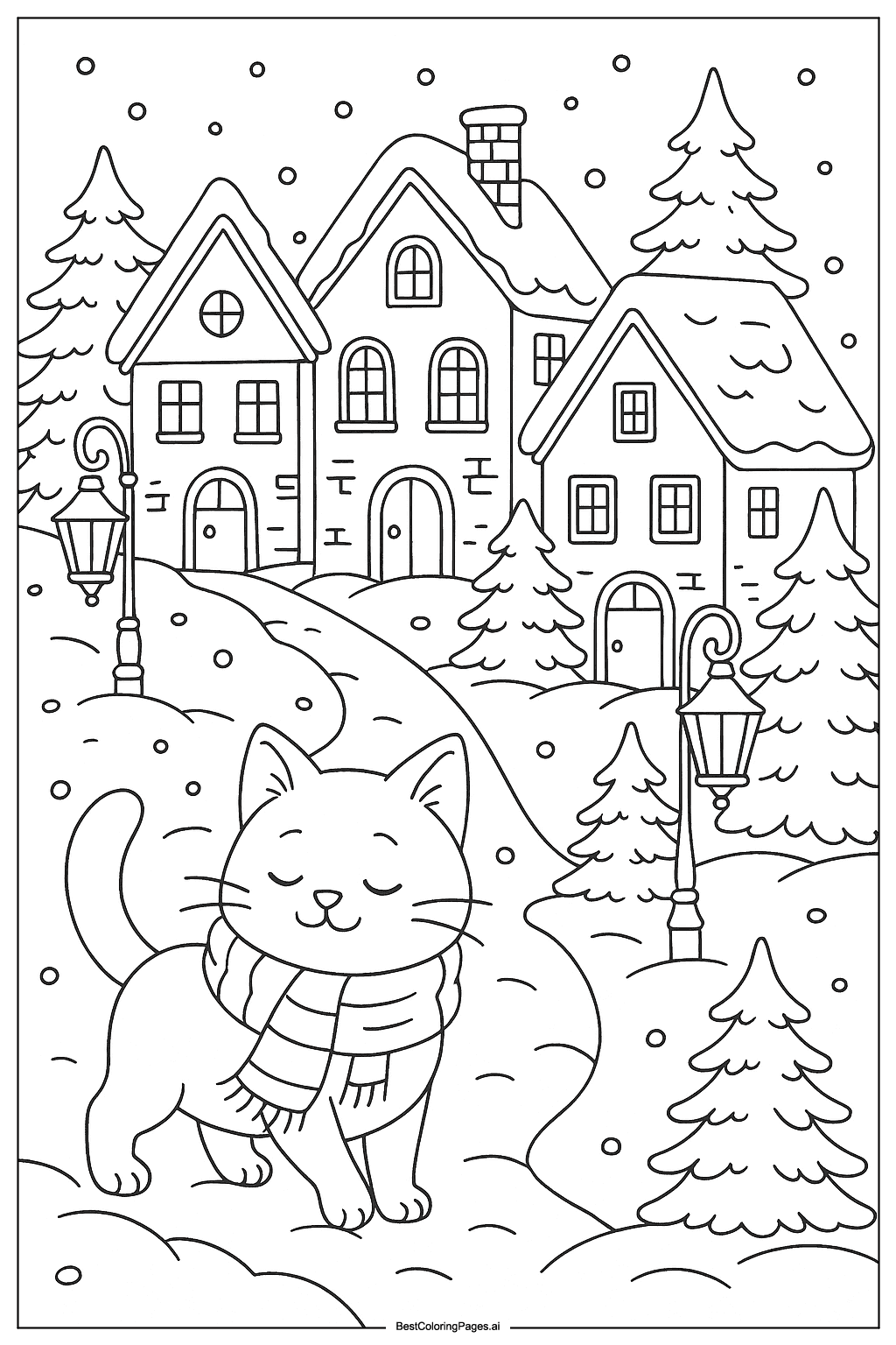 Cat in a winter village Coloring Page