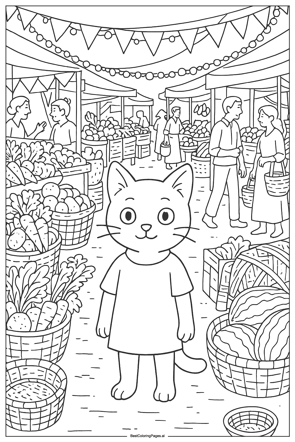 Cat in busy marketplace Coloring Page