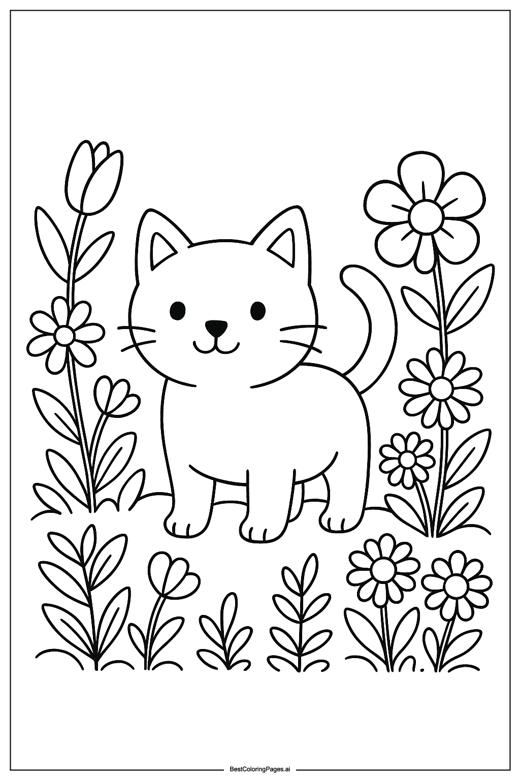 Cat in garden Coloring Page