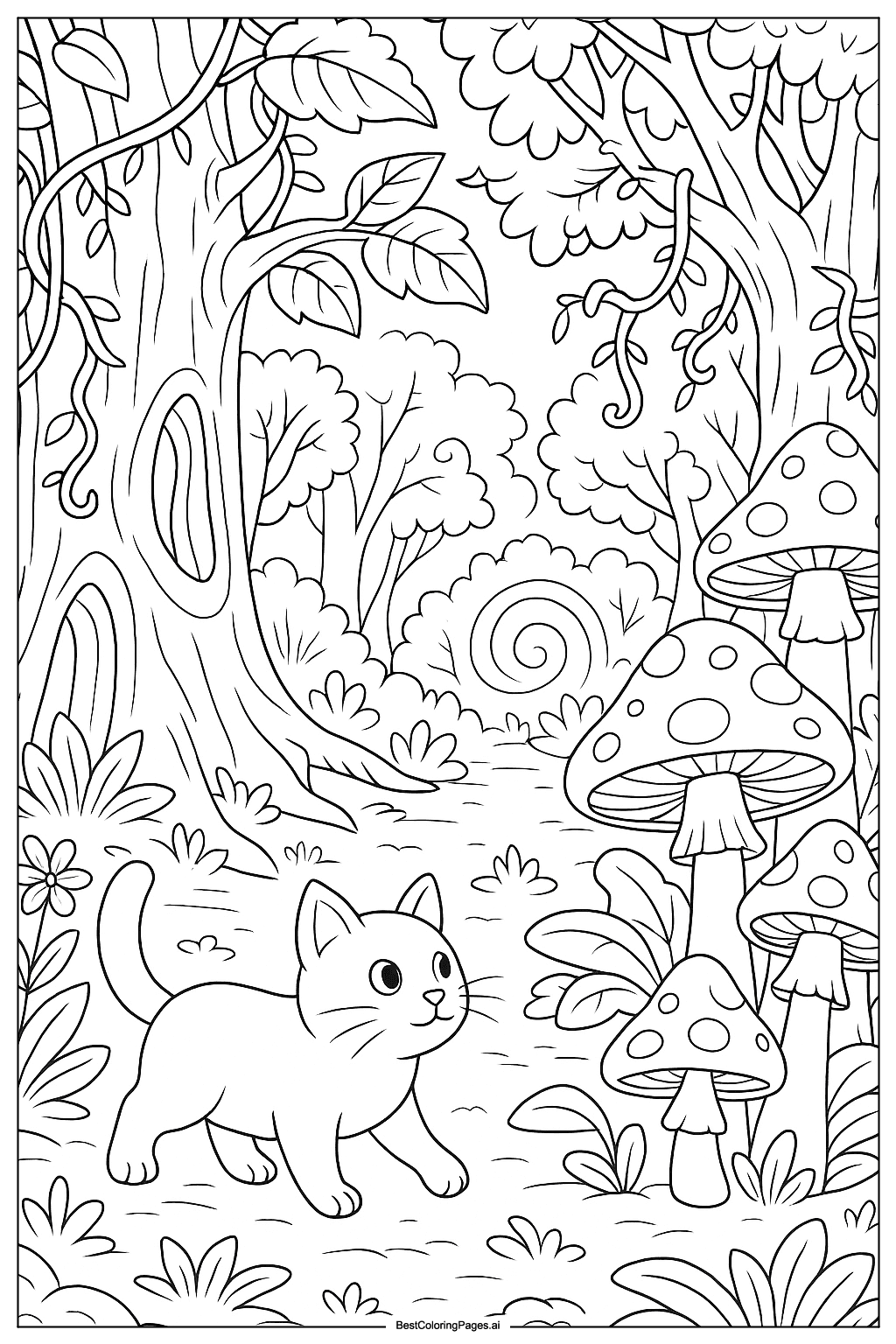 Cat in magical forest Coloring Page