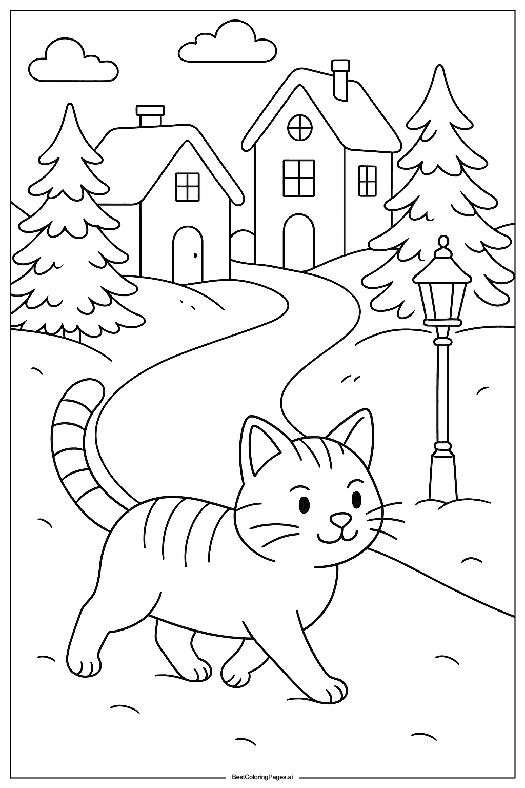 Cat in snowy village Coloring Page