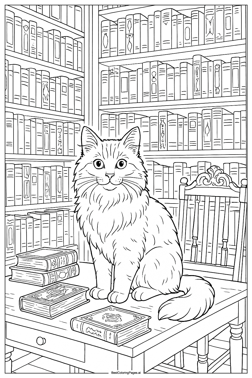 Cat in the library Coloring Page