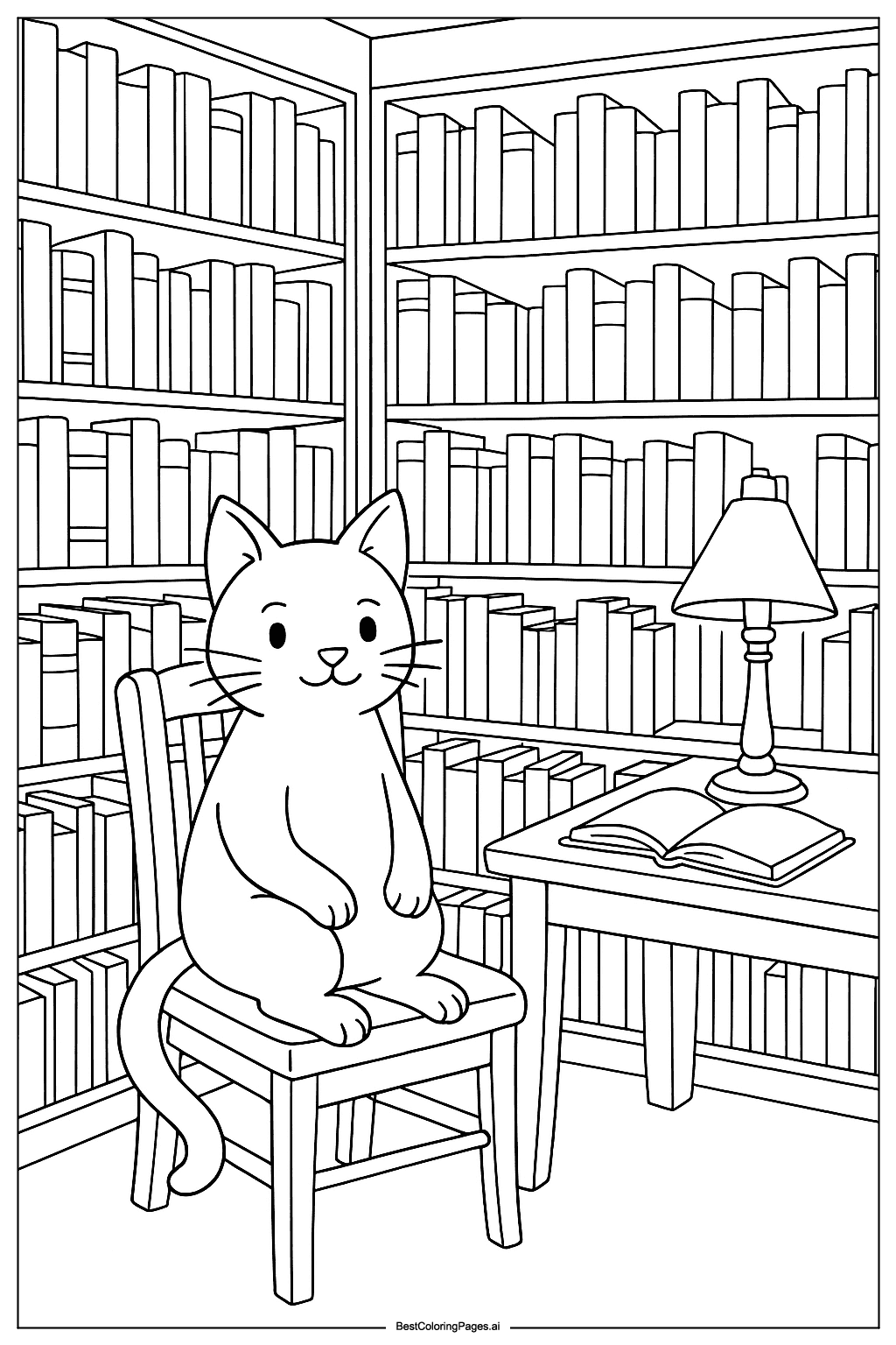 Cat in the library Coloring Page