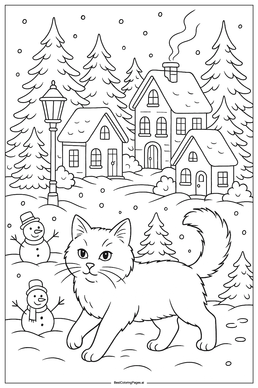 Cat in winter village Coloring Page