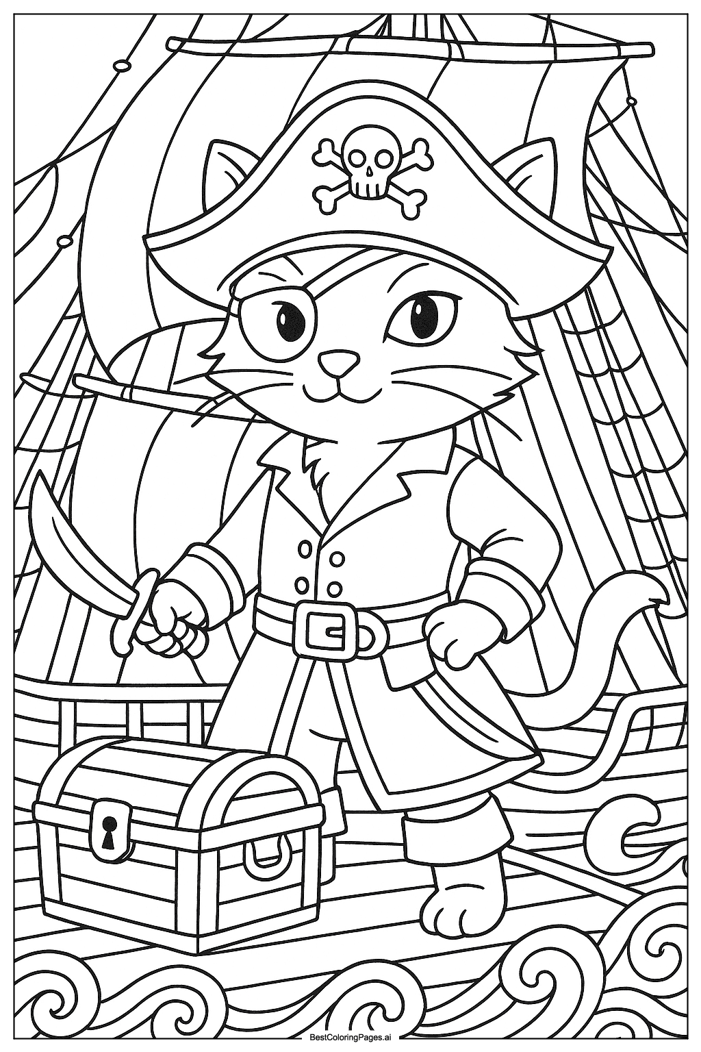 Cat on a pirate ship Coloring Page