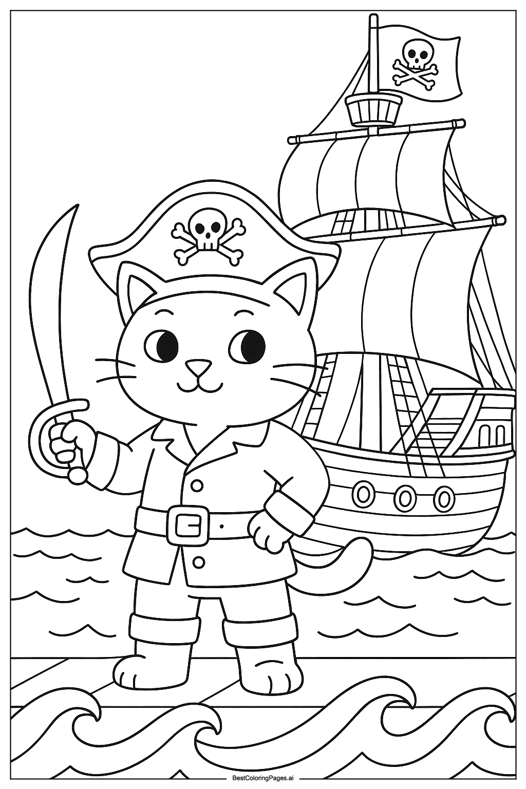 Cat on pirate ship Coloring Page