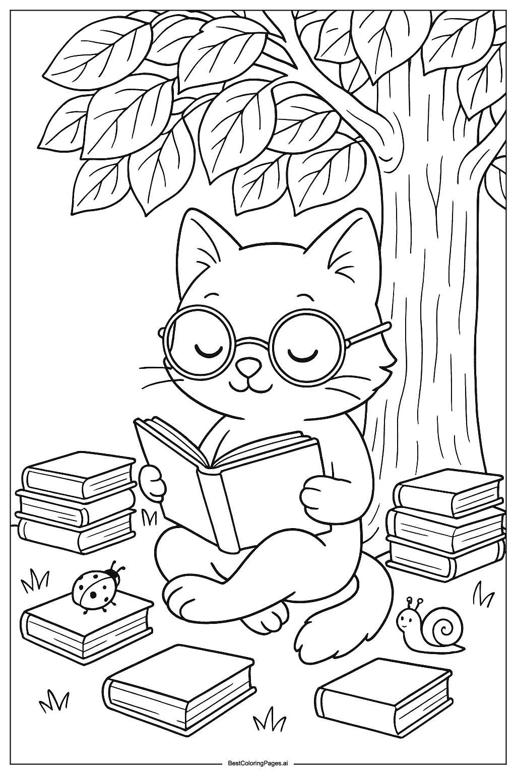 Cat reading book Coloring Page