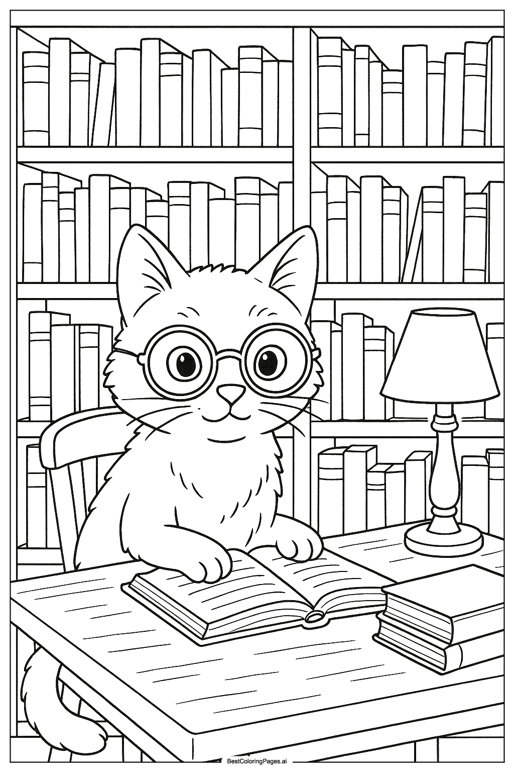 Cat reading book Coloring Page